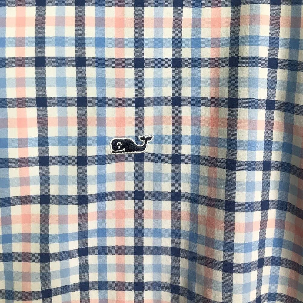 Vineyard Vines Shirt Boys XL Blue Peach Gingham Button Down Lightweight‎
